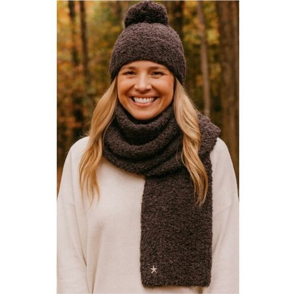 Barefoot Dreams CozyChic Pom Pom Beanie & Oversized Scarf Set Expresso Cocoa NWT main image 7